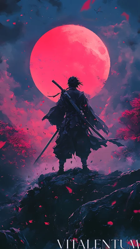 Lone moonlit ronin rises beneath a burning crimson sky.