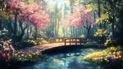 Sunlit wooden bridge spans tranquil stream in floral grove