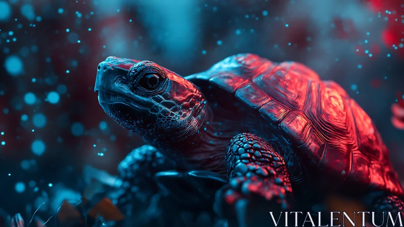 Bioluminescent-lit turtle rendered with high-detail bokeh depth