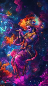 Digital painting of celestial musician in neon cosmic swirl.