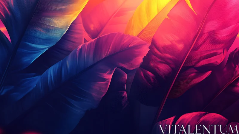 Neon jungle leaves trade whispers in molten twilight light