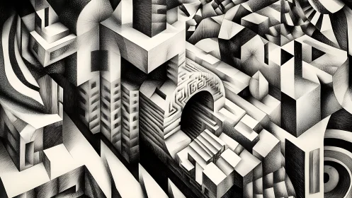 Monochrome geometric architectural maze forms structured space