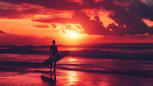 Surfer stands at shoreline watching intense red sunset.