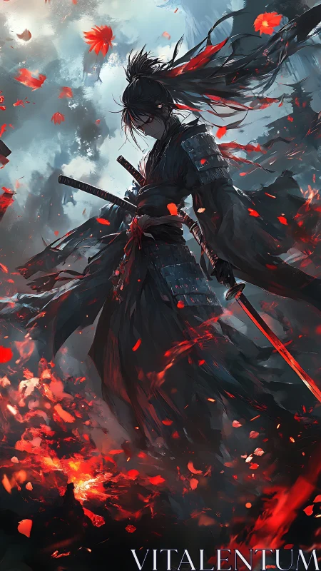 Crimson petals swirl around a lone swordsman in stormy silence
