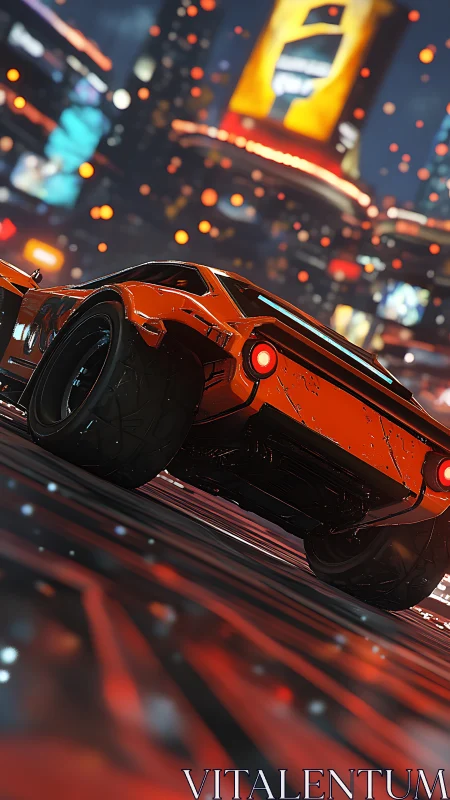 Low-angle cyber muscle car cuts through neon particle storm