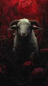 Horned white ram stands in blood red thorns and roses