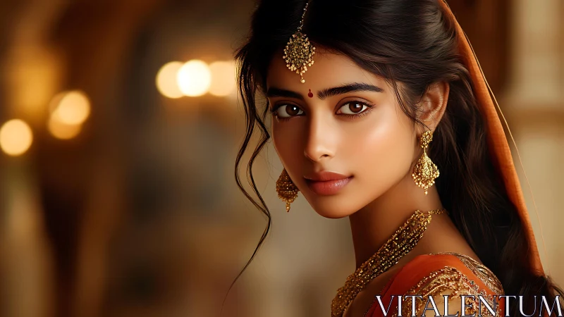 Graceful woman in traditional Indian attire gazes softly.