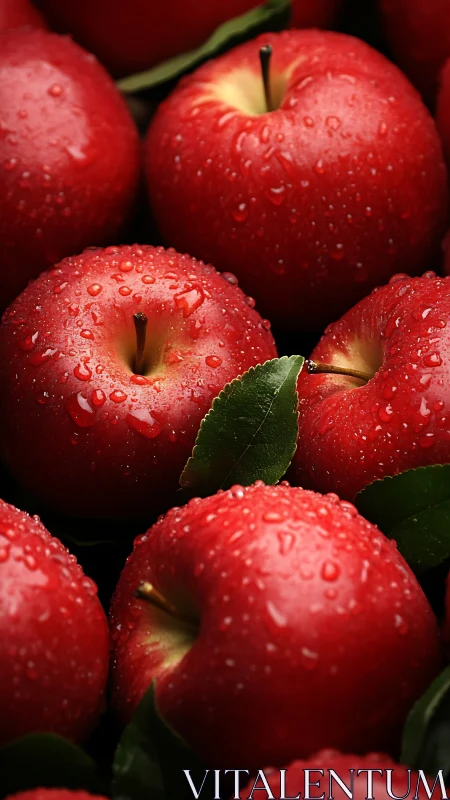 Ripe red apples glisten with fresh dew in rich close-up view