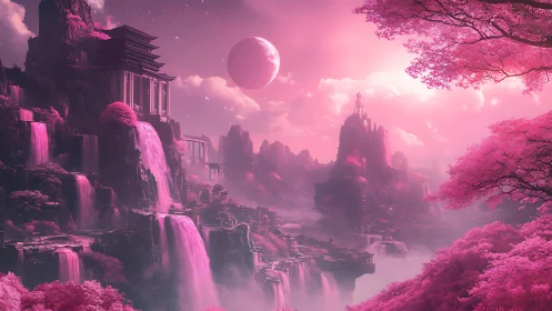 Waterfalls dream in cherry nebula light over temple peaks