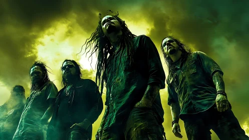 Metal band under toxic green storm light exudes apocalyptic aura