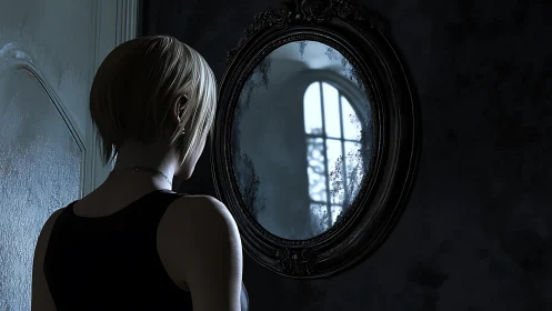Backlit woman studies aged oval mirror with cold specular highlights
