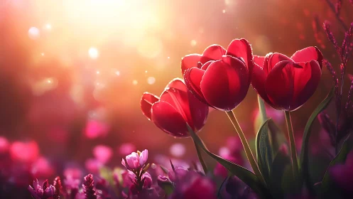 Sun-drunk crimson tulips basking in blushing morning light.