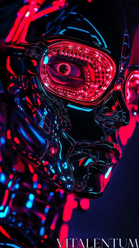 Neon lit cyborg portrait stares into a luminous digital future