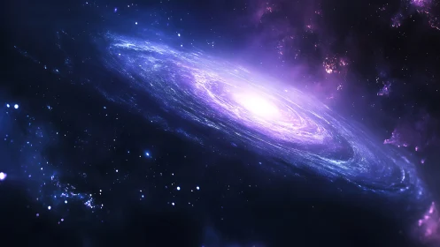 Radiant spiral galaxy glows softly in a dreamy violet night sky