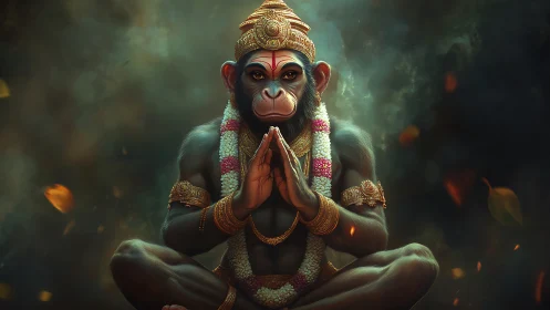 Simian figure in ornate regalia seated in meditative pose.
