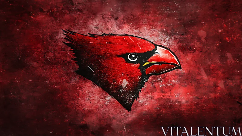 High-contrast cardinal head illustration on distressed red field