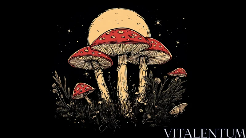 Red mushrooms stand under full moon in stylized night