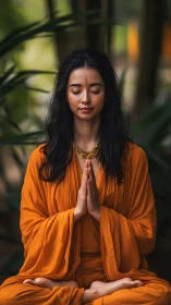Woman in orange robes meditating in calm forest setting.