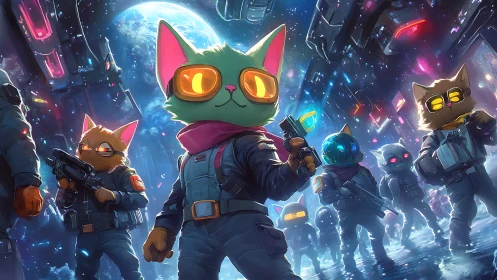 Tactical Cat Squad in Neon Cyberspace Combat.