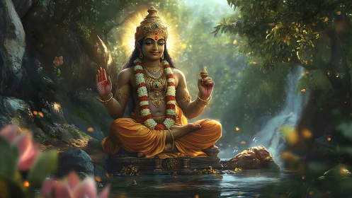 Serene Hindu deity statue seated in lush forest river.