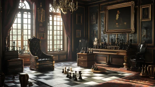 Grand chess hall basks in golden afternoon light and silence