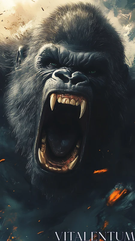 Roaring giant gorilla caught in a blaze of wild fury.