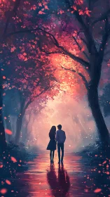 Two silhouettes stand beneath crimson foliage in glowing mist.