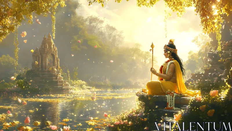 Divine riverside deity in luminous temple landscape digital painting.
