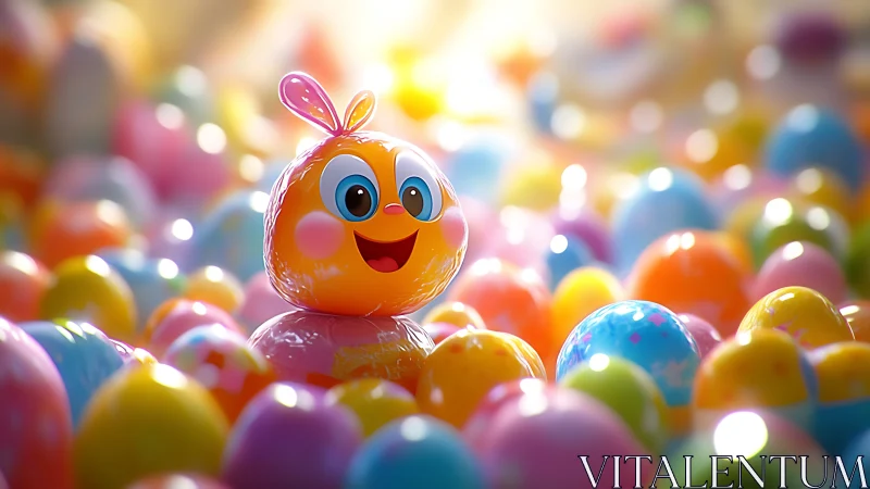 Joyful candy critter smiling in a rainbow of toy eggs.