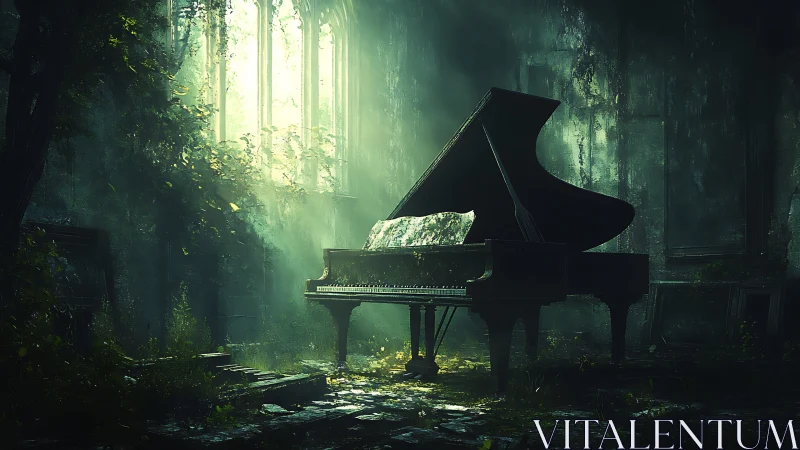 Grand piano decays under volumetric light in overgrown ruin