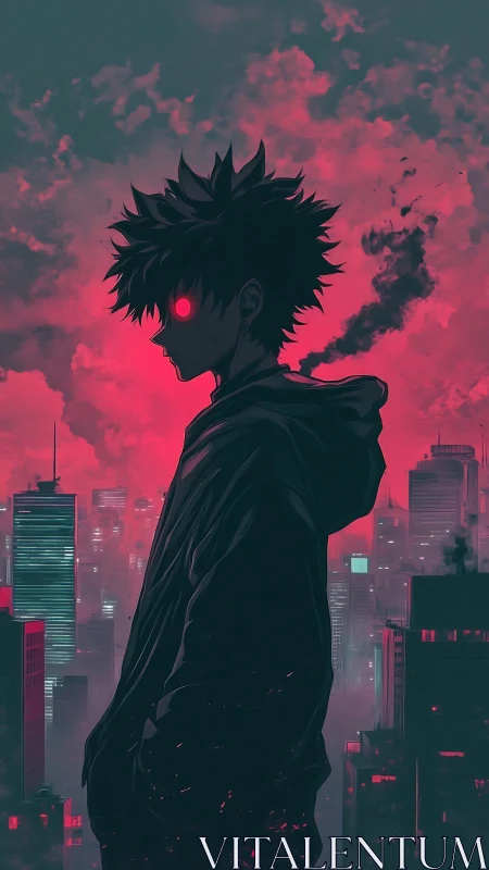 Neon-eyed shadow stalker over crimson storm cityscape.