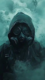 Hooded gasmask wanderer drifting through toxic teal fog.