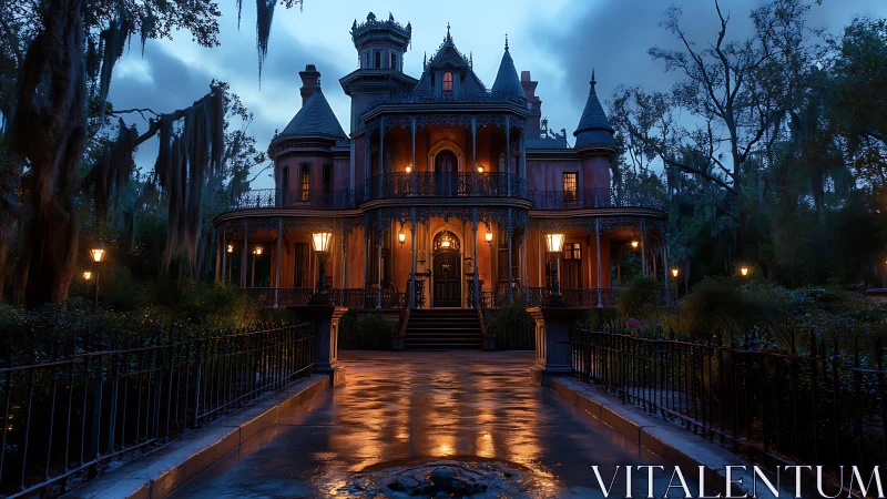 Victorian mansion at dusk with wet path and warm lights.