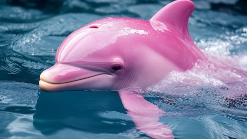 Bright pink dolphin swimming in calm blue ocean water.