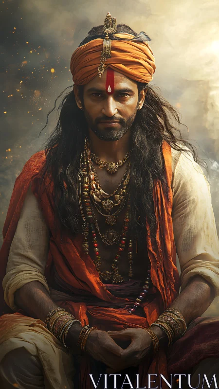 Warrior mystic portrait with dramatic warm lighting and ornate jewelry