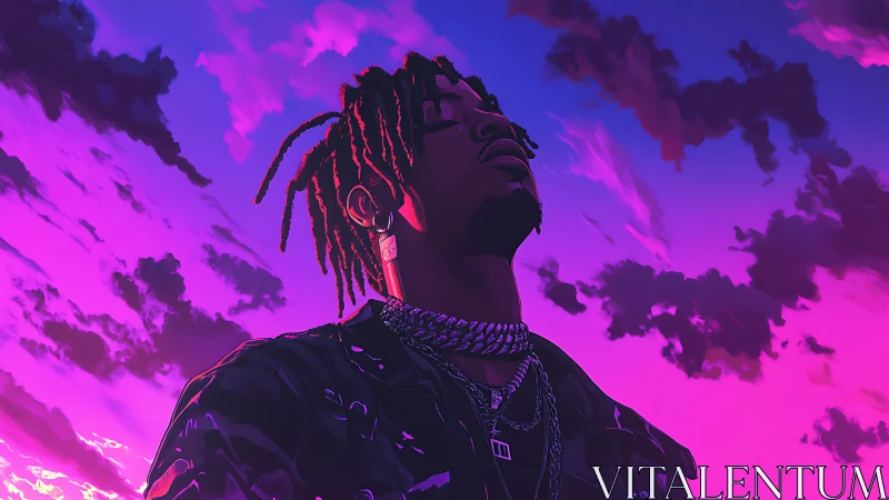 Twilight glow around a dreaming figure in neon skies.