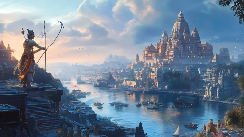 Heroic archer overlooks a radiant riverside temple city