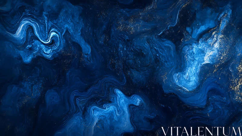 Astrophysical indigo fluid field with luminescent particle swirls.