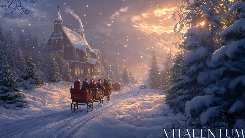 Snow-laden sleigh convoy approaching luminous alpine chapel.