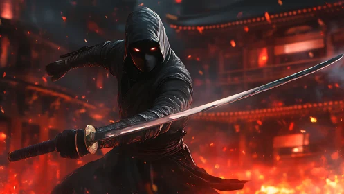 Hooded katana assassin rendered in high-contrast dynamic lighting