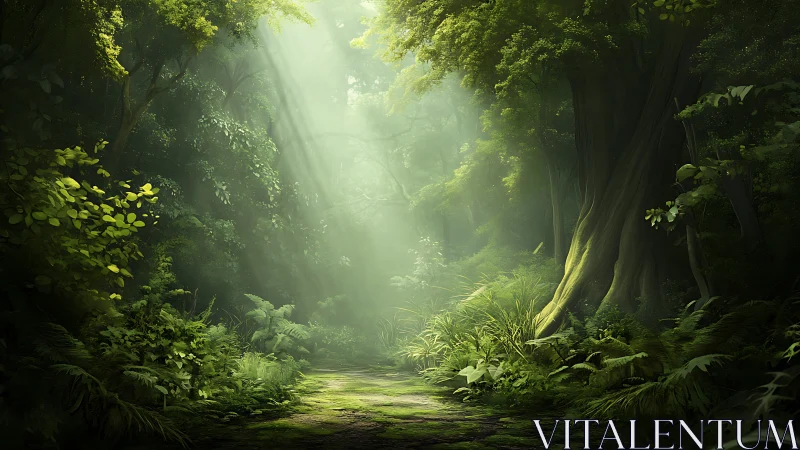 Forest corridor with overhead canopy and diffused sunlight penetration