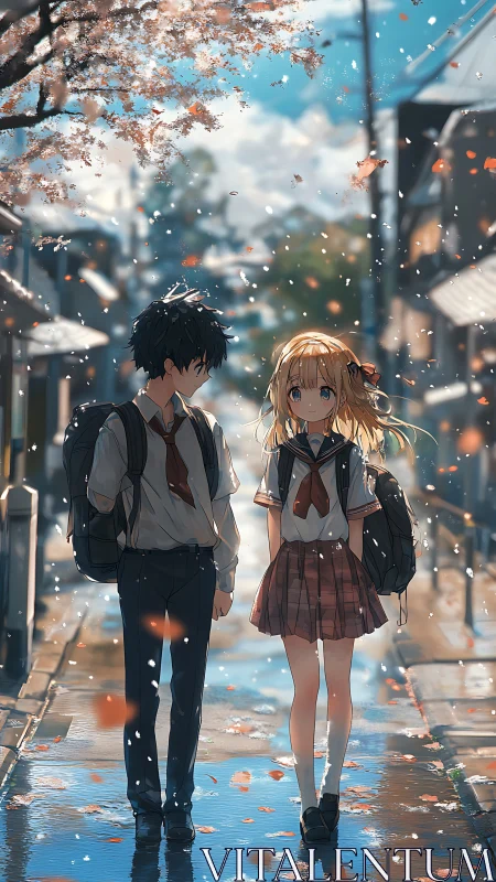 Schoolmates walking under cherry blossoms after rain.