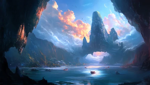 Subterranean Cavern Landscape with Dramatic Atmospheric Illumination and Monumental Rock Formations