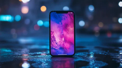 Neon midnight smartphone portal on rain glazed street.