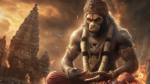 Mythic simian deity in jeweled armor before burning temple.