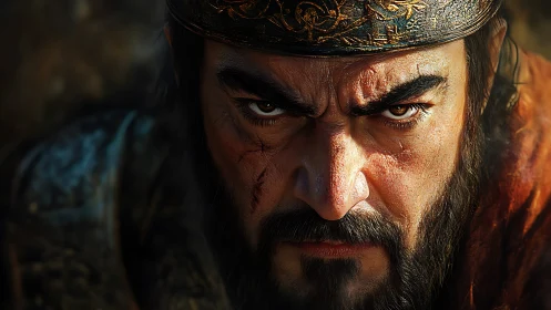 Photorealistic warrior close-up with intense battle-scarred gaze.