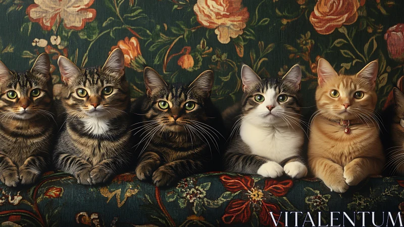 Five Domestic Felines with Distinct Coat Patterns Arranged Against Floral Textile Backdrop