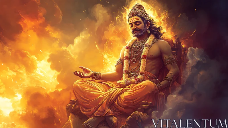 Seated deity figure in flames with orange drapery and garlands.