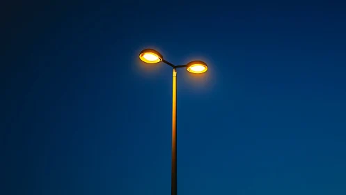 Twin streetlights glow against deep blue twilight sky.