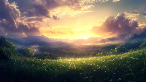 Backlit mountain meadow under volumetric sunset clouds and haze